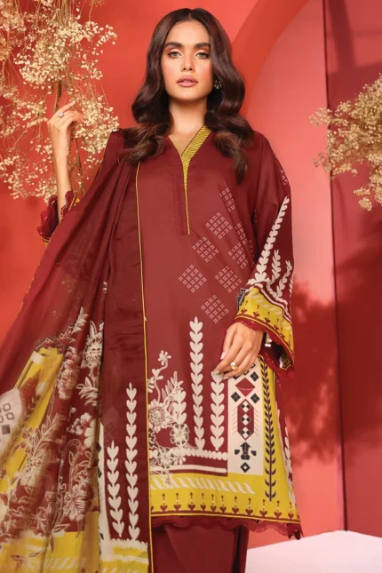 Alkaram 2Pc Printed Cambric Suit With Cotton Net Dupatta MS 14 Maroon