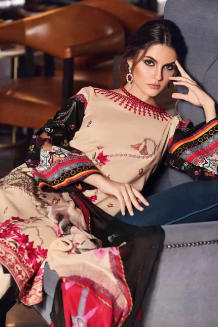 Gul Ahmed Unstitched 3PC Printed Jacquard Cambric Shirt with Embellish & Silk Dupatta SSM-28