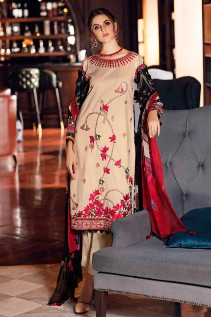Gul Ahmed Unstitched 3PC Printed Jacquard Cambric Shirt with Embellish & Silk Dupatta SSM-28
