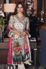 Gul Ahmed Unstitched 3PC Printed Jacquard Cambric Shirt with Embellish & Net Dupatta CN-03
