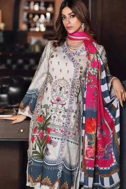 Gul Ahmed Unstitched 3PC Printed Jacquard Cambric Shirt with Embellish & Net Dupatta CN-03