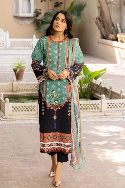 Gul Ahmed 3PC Printed Khaddar Unstitched Suit With Chiffon Dupatta WRF-22003