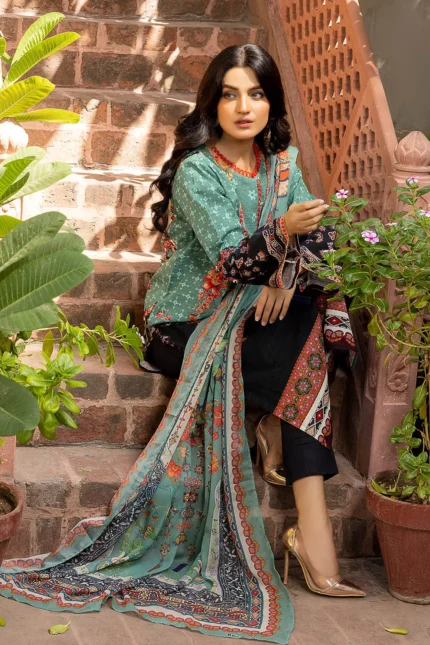 Gul Ahmed 3PC Printed Khaddar Unstitched Suit With Chiffon Dupatta WRF-22003