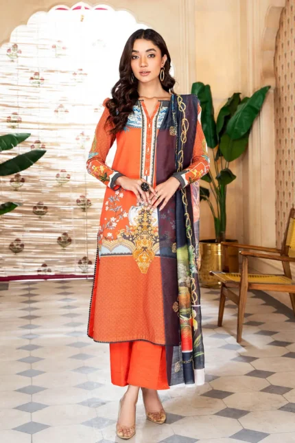 Gul Ahmed 3PC Printed Khaddar Unstitched Suit With Chiffon Dupatta WRF-22006