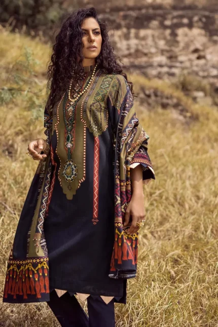 Gul Ahmed 3PC Unstitched Embroidered Khaddar Suit with Digital Printed Khaddar Dupatta K-12022
