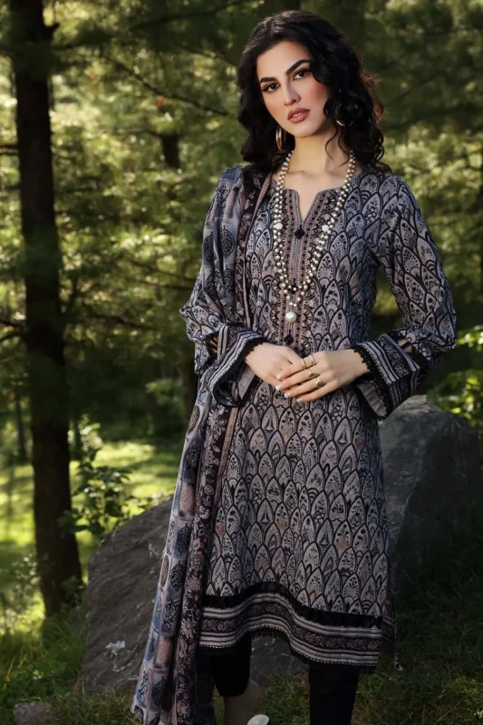 Gul Ahmed 2PC Unstitched Embroidered Khaddar Suit with Gold Printed Khaddar Dupatta TK-12003