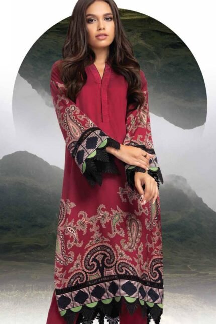 Alkaram Printed Twill Viscose Suit Unstitched 2 Pieces FW-34 Maroon - Winter Collection
