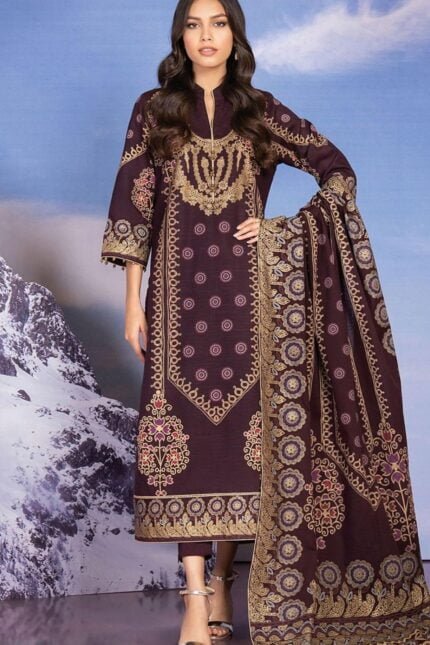 Alkaram Printed Khaddar Suit Unstitched 2 Piece FW-40 Maroon - Winter Collection