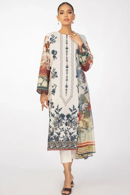 AlKaram 3Pc Printed Cambric Suit & Chiffon Dupatta MS 13 White
