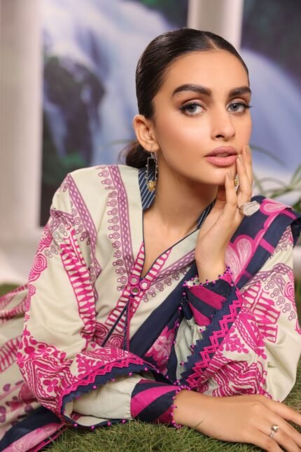 Alkaram 2Pc Printed Cambric Suit With Lawn Dupatta MS-31-Off White