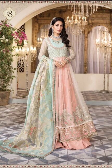 MARIA B Unstitched MBROIDERED - Pearl White, Peach and Aqua (BD-2408)