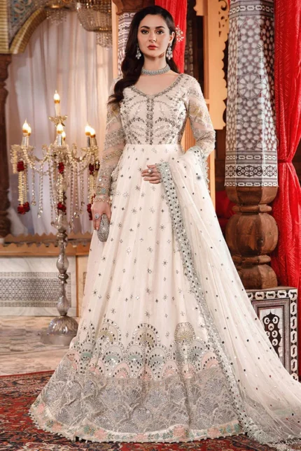 maria b Unstitched MBROIDERED - Pearl White and Peachy Silver (BD-2502)