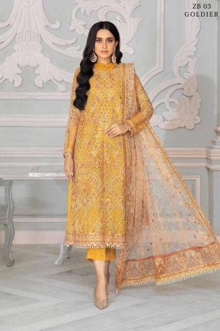 ZARIF Bahaar Unstitched Formal Embroidered 3Pc Suit ZB-03 GOLDIER