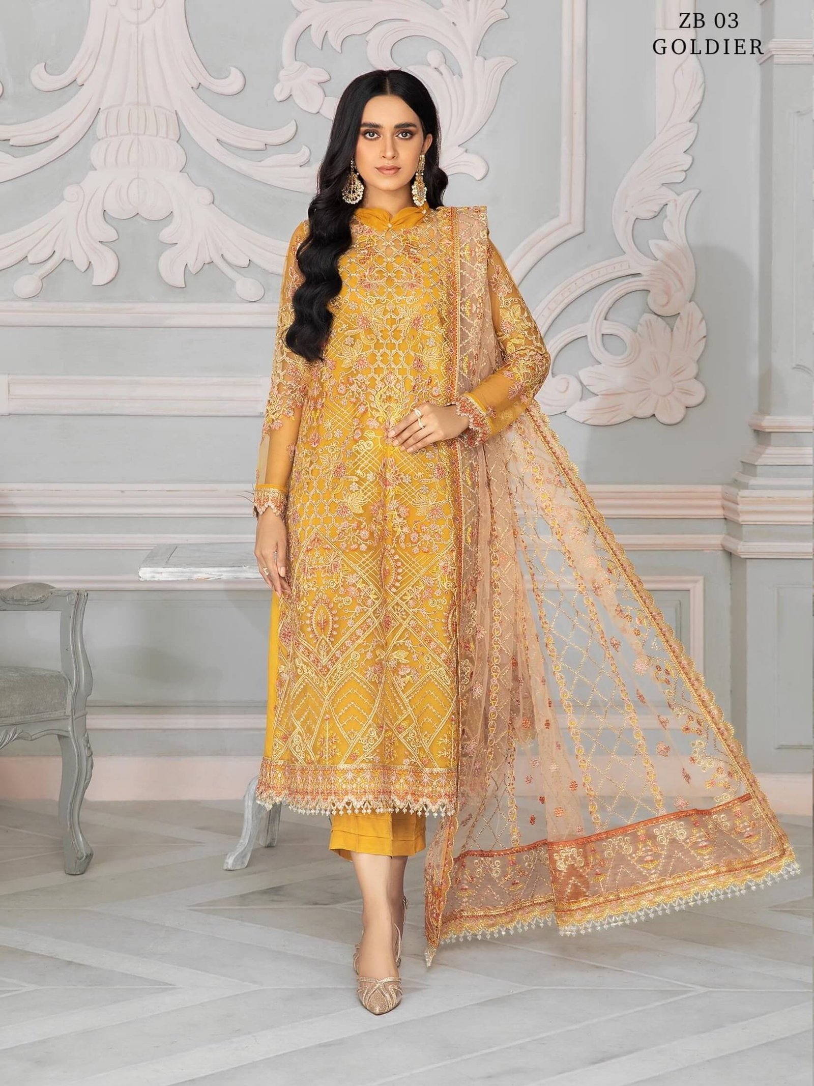 ZB-03Goldier ZARIF Bahaar Unstitched Formal Embroidered 3Pc Suit ZB-03 GOLDIER