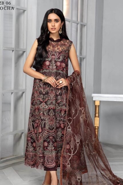 ZARIF Bahaar Unstitched Formal Embroidered 3Pc Suit ZB-06 MOCHA