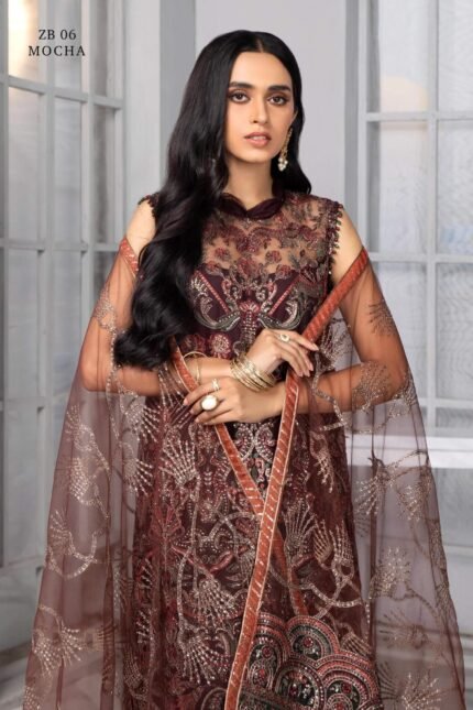 ZARIF Bahaar Unstitched Formal Embroidered 3Pc Suit ZB-06 MOCHA