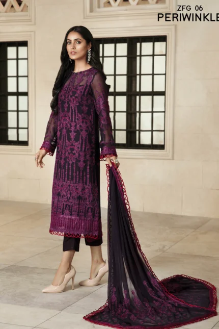 Zarif Gulzaar Festive Chiffon Unstitched 3Pc Suit ZFG-06 PERIWINKLE