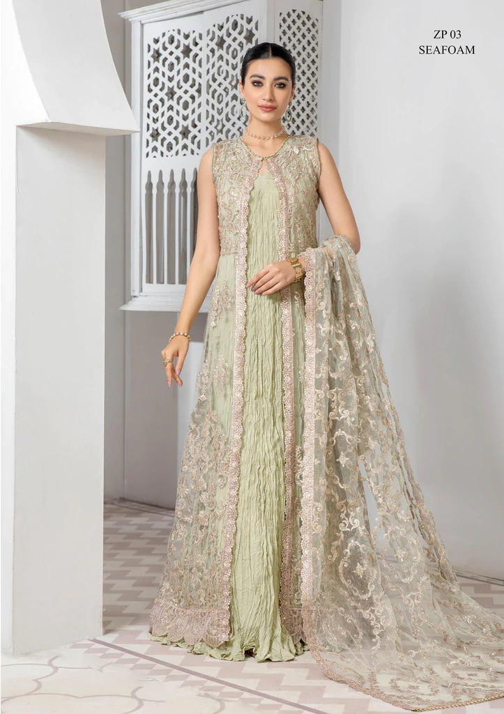 ZP03SEAFOAM Pareesia by Zarif Luxury Formal Net 3Pc Suit ZP-03 Seafoam