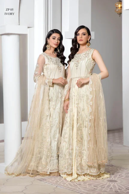 Pareesia by Zarif Luxury Formal Net 3Pc Suit ZP-05 Ivory