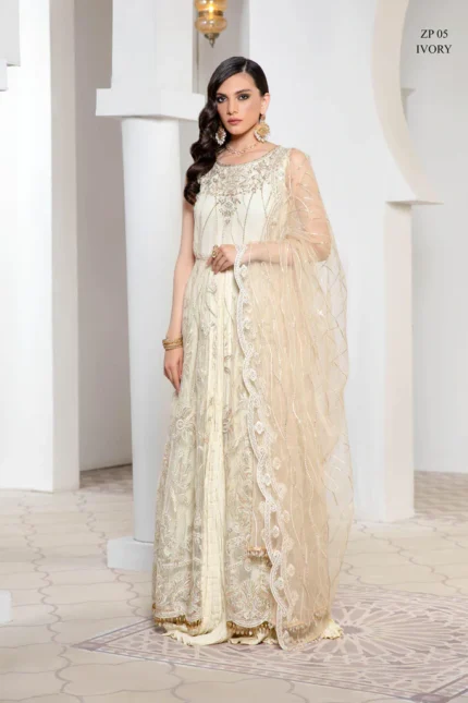 Pareesia by Zarif Luxury Formal Net 3Pc Suit ZP-05 Ivory