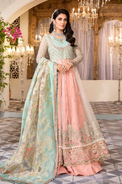 MARIA B Unstitched MBROIDERED - Pearl White, Peach and Aqua (BD-2408)