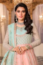 Maria B. Unstitched MBROIDERED - Pearl White, Peach & Aqua (BD-2408) - Image 4